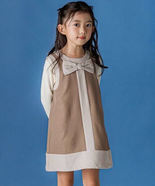 BeBe Petits Pois Vert / ベベ プチ ポワ ヴェール ドレス | 【店舗限定】配色リボンジャンパースカート(95~150cm)(ブラウン系)