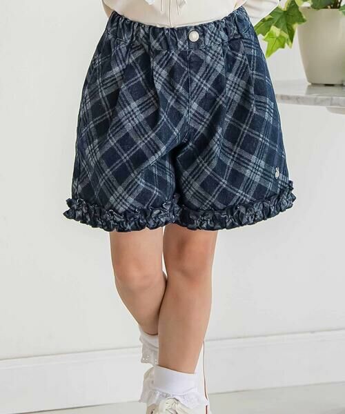 BeBe Petits Pois Vert / ベベ プチ ポワ ヴェール ショート・ハーフ・半端丈パンツ | 【店舗限定】チェック柄デニムキュロットパンツ(95~150cm)(ネイビー)
