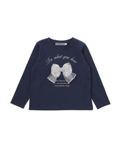 BeBe Petits Pois Vert / ベベ プチ ポワ ヴェール Tシャツ | 【店舗限定】チュールリボンロングTシャツ(95~150cm)(ネイビー)