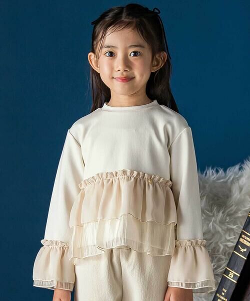 BeBe Petits Pois Vert / ベベ プチ ポワ ヴェール スウェット | シフォンオーガンジーフリルポンチトップス(ホワイト)