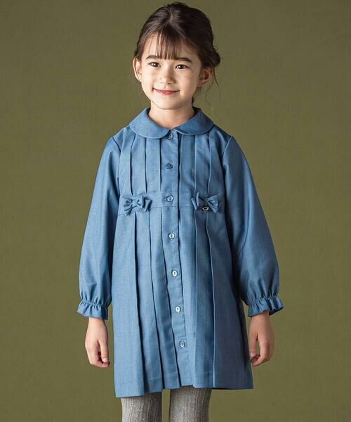 BeBe Petits Pois Vert / ベベ プチ ポワ ヴェール ミニ丈・ひざ丈ワンピース | タックデザインリボンワンピース(ブルー)