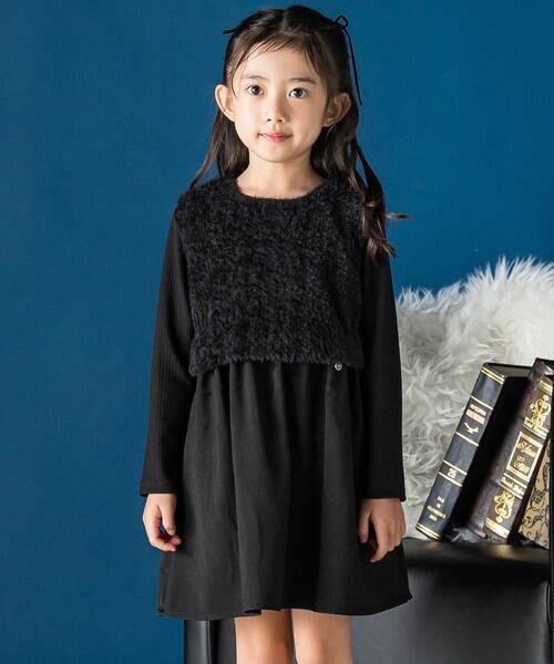 BeBe Petits Pois Vert / ベベ プチ ポワ ヴェール ミニ丈・ひざ丈ワンピース | ファードッキングジャンパースカート(95~150cm)(ブラック)