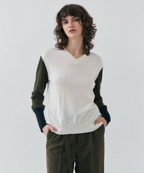 BEIGE,/ベイジ, 【洗える】BURNET / カラーミックスVネックトップス Ecru×Khaki×Navy 4 BEIGE,/ベイジ, 【洗える】BURNET / カラーミックスVネックトップス Ecru×Khaki×Navy 4