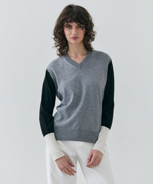BEIGE,/ベイジ, 【洗える】BURNET / カラーミックスVネックトップス Grey×Black×Ecru 4 BEIGE,/ベイジ, 【洗える】BURNET / カラーミックスVネックトップス Grey×Black×Ecru 4