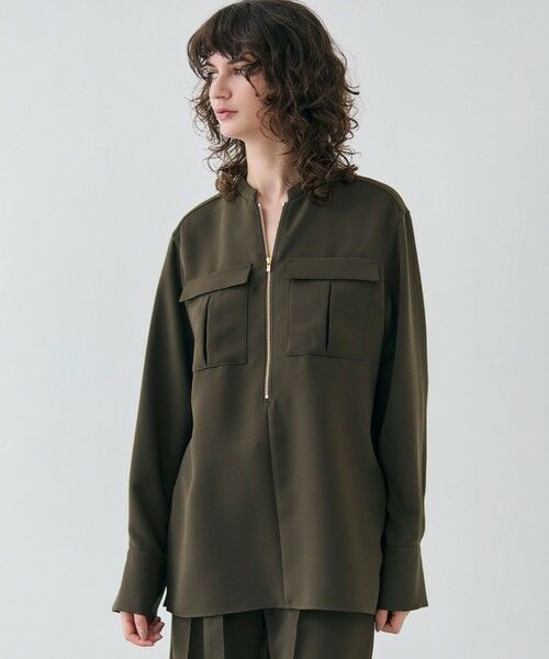 BEIGE,/ベイジ, 【洗える】JASMINE / スタンドカラージップブラウス Khaki 32 BEIGE,/ベイジ, 【洗える】JASMINE / スタンドカラージップブラウス Khaki 32
