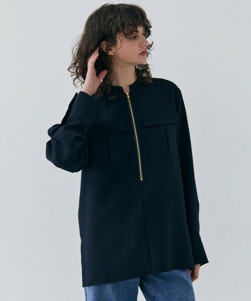 BEIGE,/ベイジ, 【洗える】JASMINE / スタンドカラージップブラウス Navy 6 BEIGE,/ベイジ, 【洗える】JASMINE / スタンドカラージップブラウス Navy 6