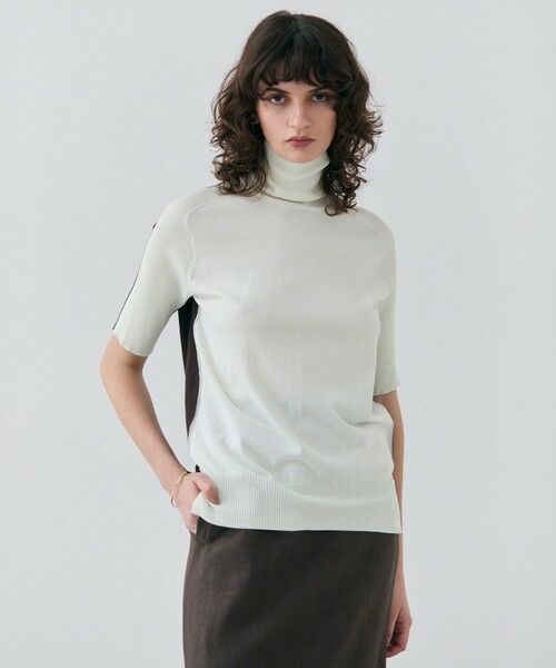 BEIGE,/ベイジ, 【洗える】JULIE / シルク混カラーブロックタートルニット Sage×Brown 32 BEIGE,/ベイジ, 【洗える】JULIE / シルク混カラーブロックタートルニット Sage×Brown 32