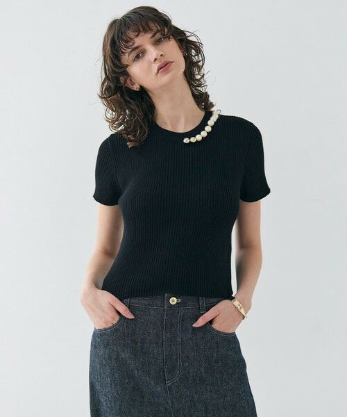 BEIGE,/ベイジ, 【洗える・美人百花 4月号掲載】VINCA / パール付き半袖コットンリブニット Black 4 BEIGE,/ベイジ, 【洗える・美人百花 4月号掲載】VINCA / パール付き半袖コットンリブニット Black 4