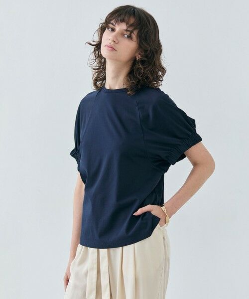 BEIGE,/ベイジ, 【洗える】STOCK / オーガニックコットン半袖ギャザートップス Navy 4 BEIGE,/ベイジ, 【洗える】STOCK / オーガニックコットン半袖ギャザートップス Navy 4