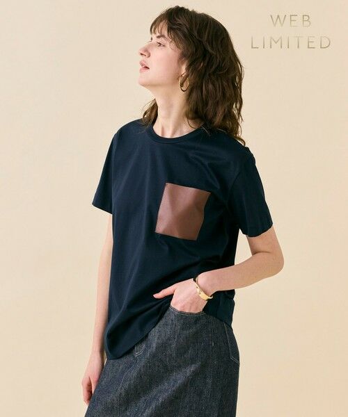 BEIGE,/ベイジ, 【WEB限定・洗える】TORENIA / レザーポケットコットンクルーネックTシャツ Navy×Brown 4 BEIGE,/ベイジ, 【WEB限定・洗える】TORENIA / レザーポケットコットンクルーネックTシャツ Navy×Brown 4