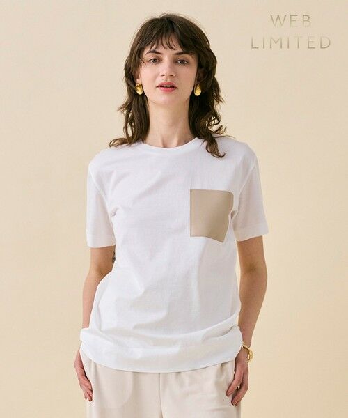 BEIGE,/ベイジ, 【WEB限定・洗える】TORENIA / レザーポケットコットンクルーネックTシャツ White×Taupe 4 BEIGE,/ベイジ, 【WEB限定・洗える】TORENIA / レザーポケットコットンクルーネックTシャツ White×Taupe 4