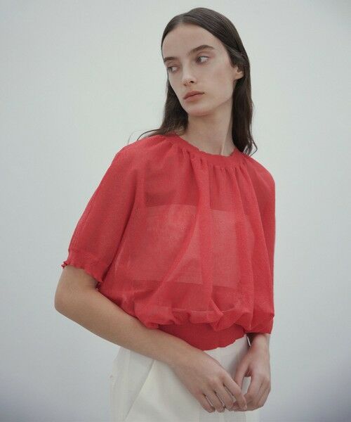 BEIGE,/ベイジ, 【洗える】LUPINUS / リネン混半袖プルオーバーギャザーニット Poppy Red 4 BEIGE,/ベイジ, 【洗える】LUPINUS / リネン混半袖プルオーバーギャザーニット Poppy Red 4