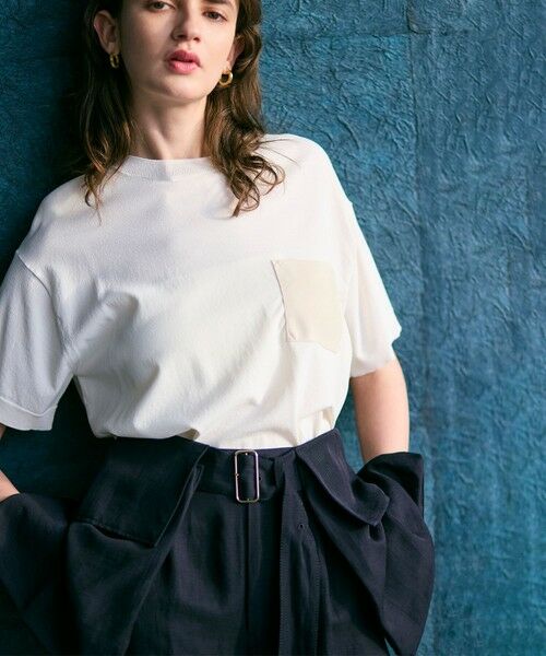 BEIGE,/ベイジ, 【洗える】NADIA / レザーポケット付き半袖ニットTシャツ Ecru 32 BEIGE,/ベイジ, 【洗える】NADIA / レザーポケット付き半袖ニットTシャツ Ecru 32