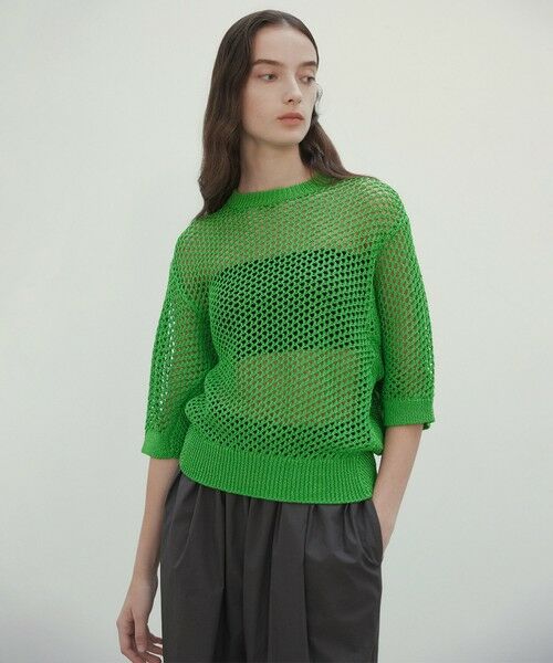 BEIGE,/ベイジ, 【洗える】ALOE / コットンメッシュ半袖クルーネックニット Green 4 BEIGE,/ベイジ, 【洗える】ALOE / コットンメッシュ半袖クルーネックニット Green 4