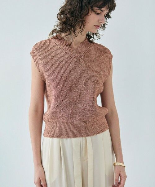 BEIGE,/ベイジ, 【洗える】VANDA / ラメ入りVネックノースリーブニット Dark Nude 32 BEIGE,/ベイジ, 【洗える】VANDA / ラメ入りVネックノースリーブニット Dark Nude 32
