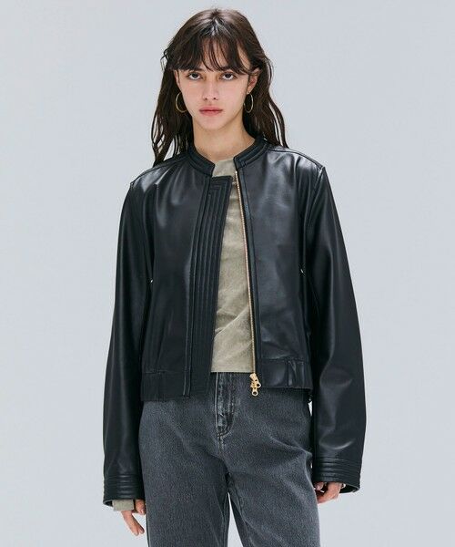 BEIGE, / ベイジ, ノーカラージャケット | 【andGIRL 秋号掲載】CLYDE / ステッチデザインラムレザーブルゾン(Black)