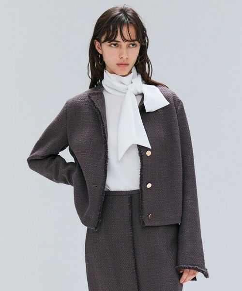 BEIGE,/ベイジ, 【Oggi 10月号掲載】MULLIN / ウールツイードメタルボタンノーカラージャケット Warm Gray 32