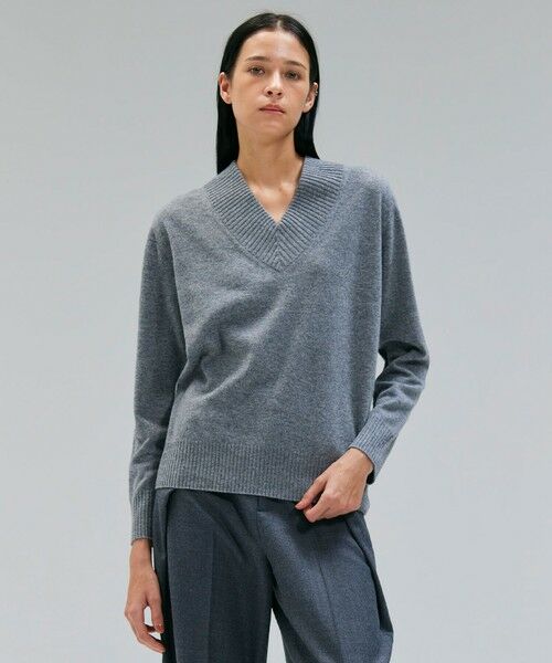 BEIGE, / ベイジ, ニット・セーター | 【洗える】POMPE / ウールカシミヤ配色ラインVネックニット(Charcoal×Off)