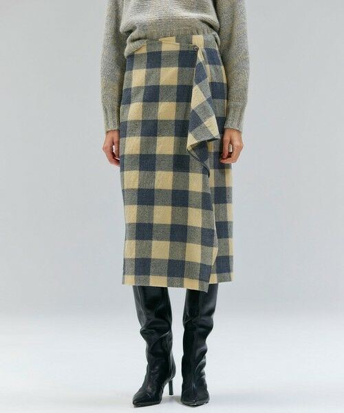 BEIGE, / ベイジ, ミニ・ひざ丈スカート | HOBBS / フェイクレザーポケットウールチェックラップスカート(L.Mustard ×Md Gray)