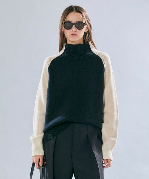 BEIGE, / ベイジ, ニット・セーター | RULE / ウールカシミヤバイカラーハイネックニット(Black × Off)