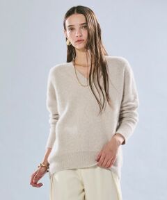 BEIGE, / ベイジ, ニット・セーター | AMARILLO / スパンコールフォックスVネックニット