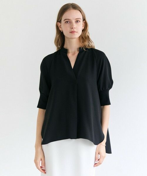 BEIGE, / ベイジ, シャツ・ブラウス | FLEUR / 異素材カフス スタンドカラーブラウス（Navy）