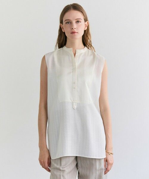 BEIGE, / ベイジ, シャツ・ブラウス | GOSHE / サテン切替 シアースタンドブラウス（Ecru）