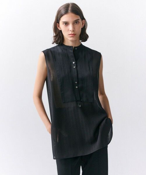 BEIGE, / ベイジ, シャツ・ブラウス | GOSHE / サテン切替 シアースタンドブラウス（Black）