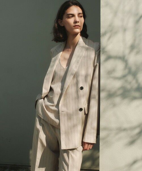 BEIGE, / ベイジ, テーラードジャケット | ERYTH / リネンストライプダブルジャケット（Flax × Bordeaux）