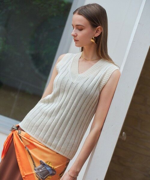 BEIGE, / ベイジ, ニット・セーター | OPTICAL /  ペーパーヤーン Vネックリブニット（Ecru）