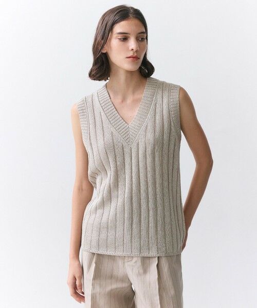 BEIGE, / ベイジ, ニット・セーター | OPTICAL /  ペーパーヤーン Vネックリブニット（Flax）