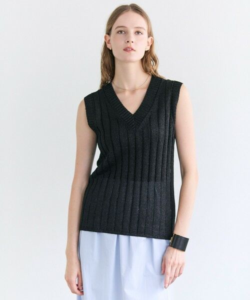 BEIGE, / ベイジ, ニット・セーター | OPTICAL /  ペーパーヤーン Vネックリブニット（Black）