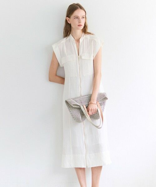 BEIGE, / ベイジ, ロング・マキシ丈ワンピース | BERNARD / リネン混 フロントジップ スタンドカラードレス（Ecru）