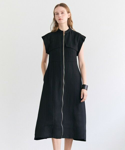 BEIGE, / ベイジ, ロング・マキシ丈ワンピース | BERNARD / リネン混 フロントジップ スタンドカラードレス（Black）