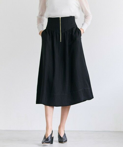 BEIGE, / ベイジ, ミニ・ひざ丈スカート | BERNARD / リネン混 ゴールドジップ ハイウエススカート（Black）