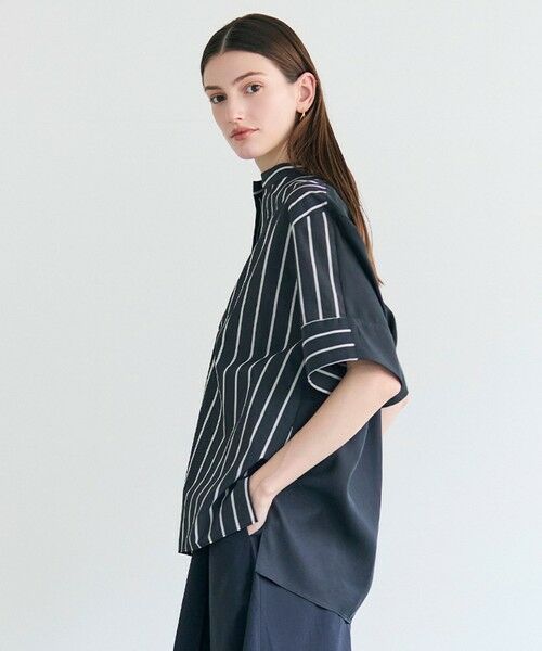 BEIGE, / ベイジ, シャツ・ブラウス | QUARTZ / 異素材コンビ ストライプシャツ（Black St.）
