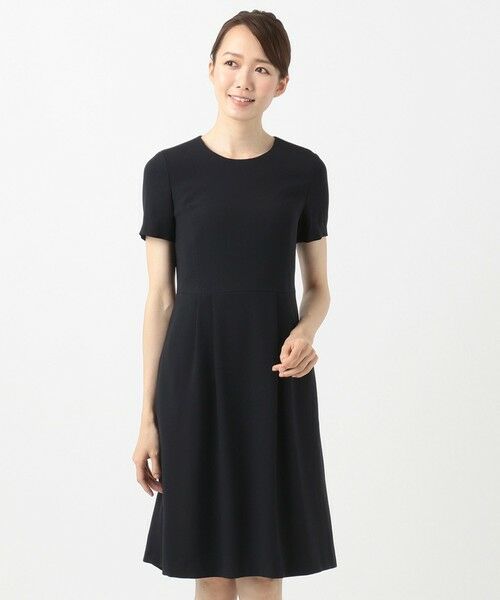 【美品】濃紺お受験ひざ丈シルク混ワンピース 半袖 送料無料再々々々々販】シルク100％のサテンワンピース(紺