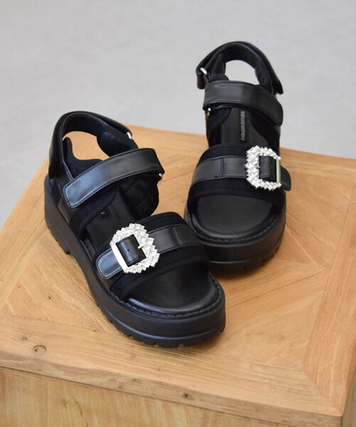 Bridget Birkin/ブリジットバーキン 【PARADIS COULEUR】ビジューバックルベルクロスポーツサンダル ブラックコンビ 24
