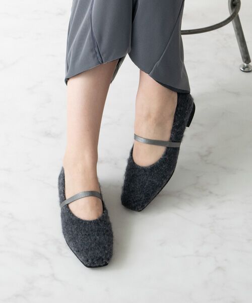 Bridget Birkin/ブリジットバーキン 【BRIDGET BIRKIN】エラスティックバンドもこもこスクエアバレエシューズ ダークグレー 23