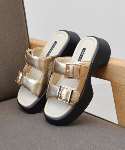 Bridget Birkin / ブリジットバーキン サンダル | 【PARADIS COULEUR】ダブルバックル厚底ミュールサンダル(ゴールド)