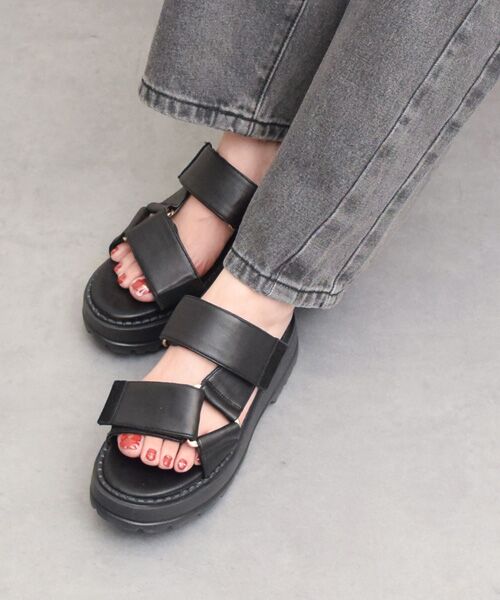 Bridget Birkin / ブリジットバーキン サンダル | 【PARADIS COULEUR】ワイドベルクロ厚底ミュールサンダル（ブラック）