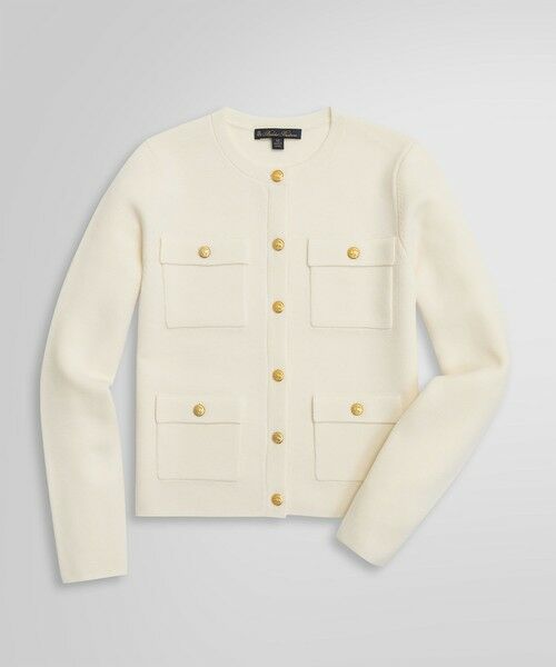 Brooks Brothers/ブルックス ブラザーズ ロングスリーブ ミラノリブ ゴールドボタン ノーカラーニットジャケット アイボリー XS Brooks Brothers/ブルックス ブラザーズ ロングスリーブ ミラノリブ ゴールドボタン ノーカラーニットジャケット アイボリー XS