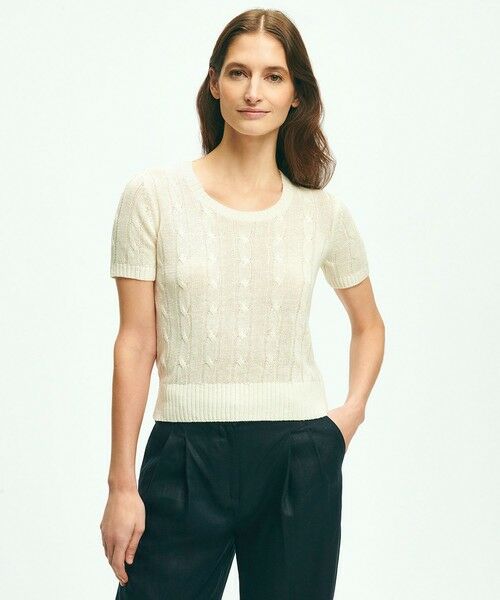 Brooks Brothers/ブルックス ブラザーズ リネン ケーブル クルーネック ショートスリーブセーター ホワイト M Brooks Brothers/ブルックス ブラザーズ リネン ケーブル クルーネック ショートスリーブセーター ホワイト M