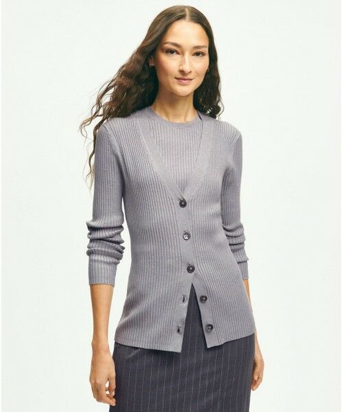 Brooks Brothers/ブルックス ブラザーズ シルクブレンド Vネック リブカーディガン ヘザーグレー XS Brooks Brothers/ブルックス ブラザーズ シルクブレンド Vネック リブカーディガン ヘザーグレー XS