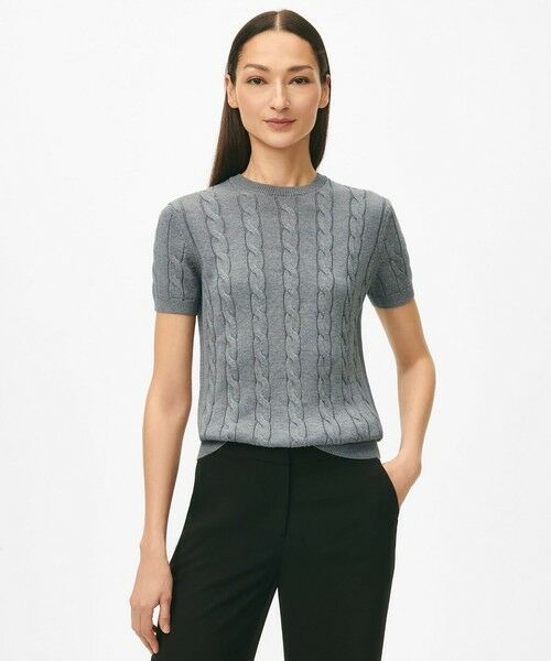 Brooks Brothers/ブルックス ブラザーズ スーピマコットン ケーブル クルーネック ショートスリーブセーター ヘザーグレー XS Brooks Brothers/ブルックス ブラザーズ スーピマコットン ケーブル クルーネック ショートスリーブセーター ヘザーグレー XS