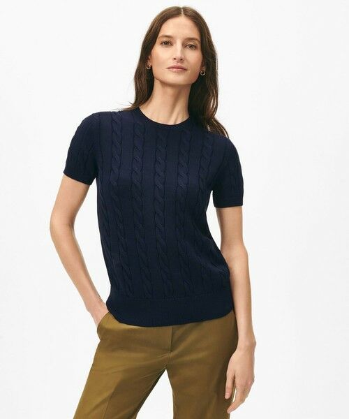 Brooks Brothers/ブルックス ブラザーズ スーピマコットン ケーブル クルーネック ショートスリーブセーター ネイビー S Brooks Brothers/ブルックス ブラザーズ スーピマコットン ケーブル クルーネック ショートスリーブセーター ネイビー S