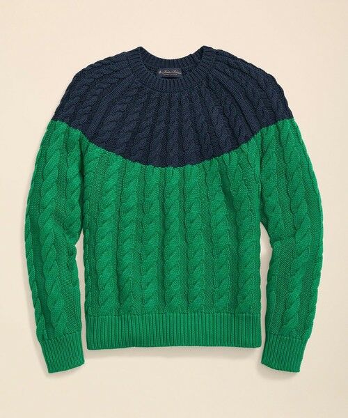 Brooks Brothers/ブルックス ブラザーズ スーピマコットン ヨークカラーブロック ケーブル クルーネックセーター グリーン系その他 M Brooks Brothers/ブルックス ブラザーズ スーピマコットン ヨークカラーブロック ケーブル クルーネックセーター グリーン系その他 M