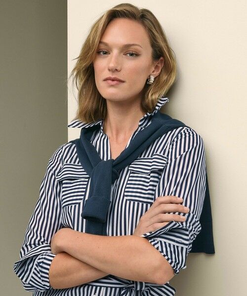 Brooks Brothers / ブルックス ブラザーズ ミニ丈・ひざ丈ワンピース | コットン／シルク　ストライプ　ダブルパッチポケット　ベルテッドシャツワンピース | 詳細1