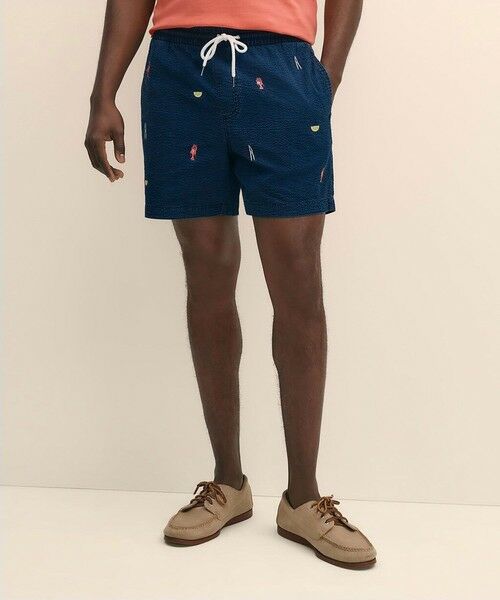 Brooks Brothers/ブルックス ブラザーズ コットン シアサッカー ロブスターエンブロイダリー 6inフライデーショーツ インディゴブルー S Brooks Brothers/ブルックス ブラザーズ コットン シアサッカー ロブスターエンブロイダリー 6inフライデーショーツ インディゴブルー S