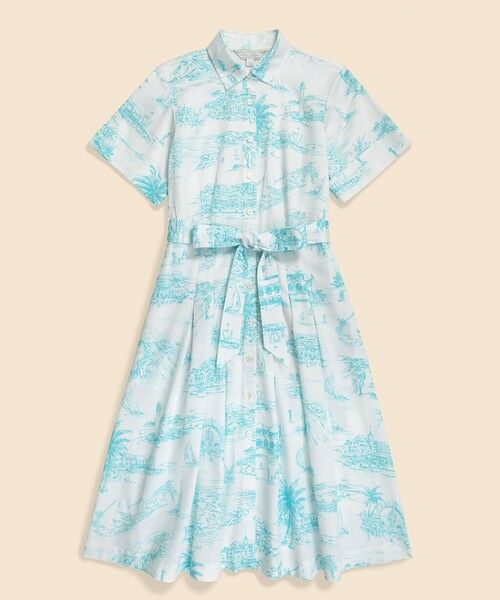 感謝sale♡ハイウエストワンピーストワルドジュイ柄コットン&リネンブルー。.＊ 感謝sale♡ハイウエスト襟フリルワンピース トワルドジュイ柄